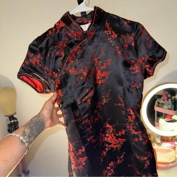 Chinese Mini Black and Red Floral Dress - Picture 11 of 12